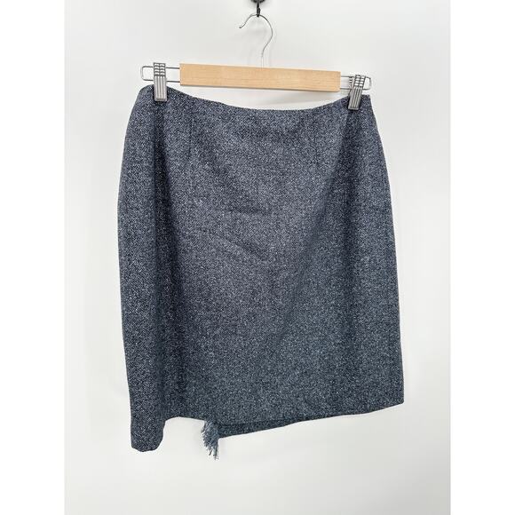 Anne Klein Blue Tweed Skirt Women’s 8P Wool Silk Fringe Buckle Petite - Picture 2 of 9